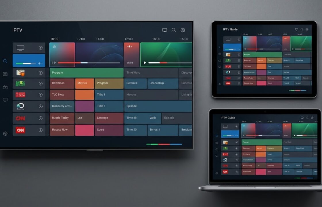 Smart TV, tablet, smartphone, and laptop all showing the same IPTV Canada channel guide — multi-device setup with one subscription