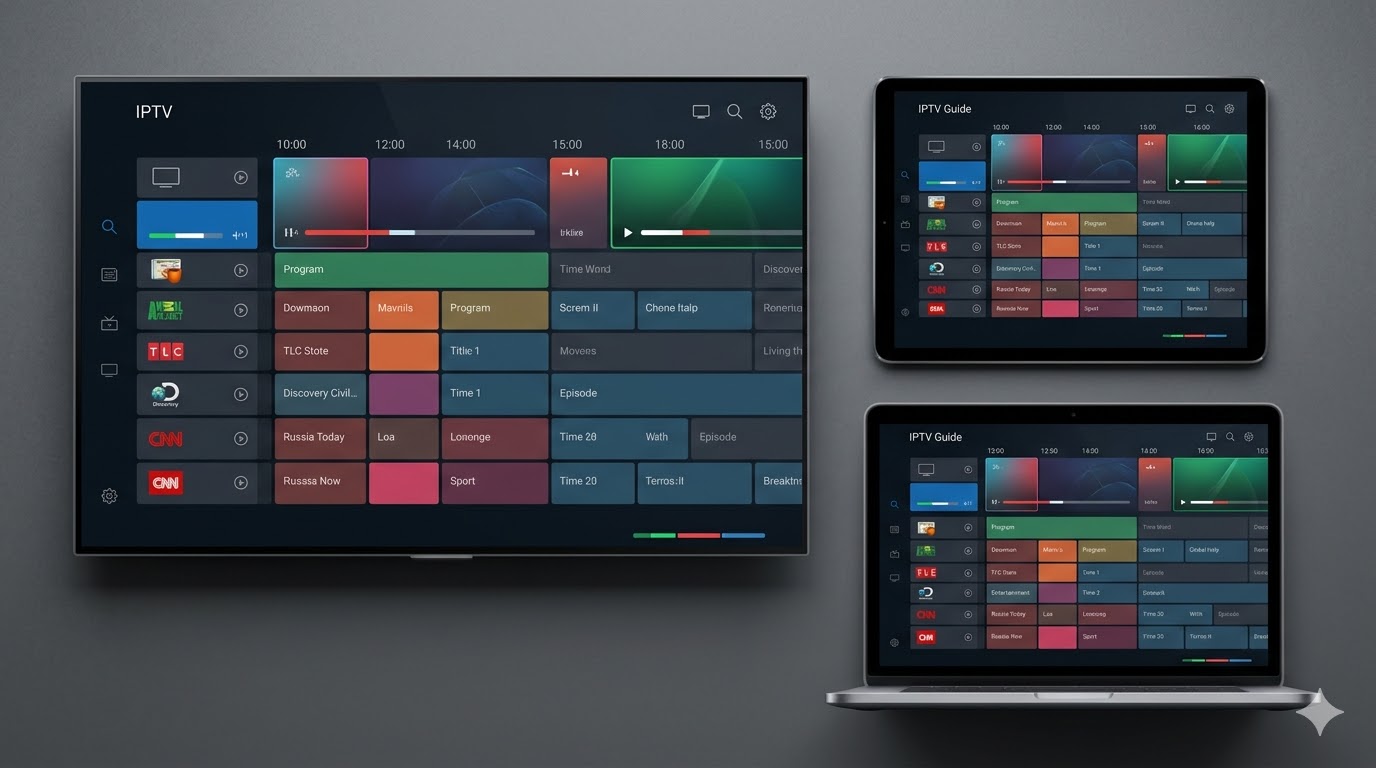 Smart TV, tablet, smartphone, and laptop all showing the same IPTV Canada channel guide — multi-device setup with one subscription
