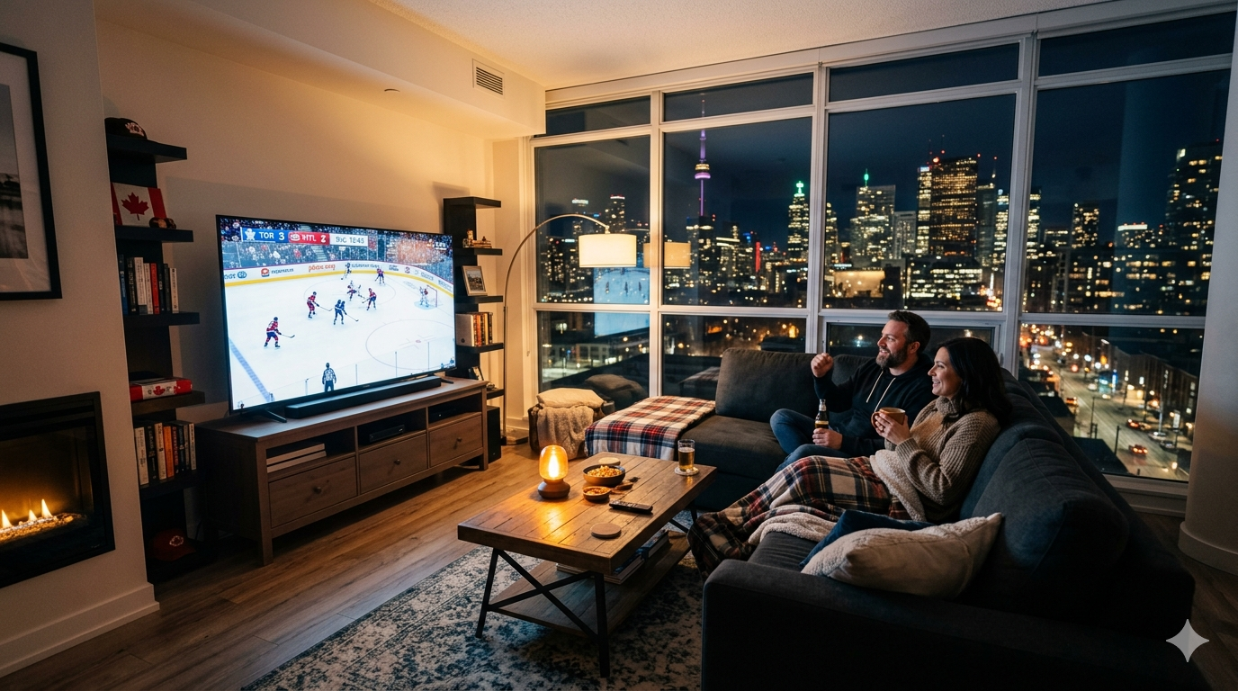 Person plugging an Amazon Fire TV Stick into a Smart TV HDMI port to set up IPTV Canada service in 2026