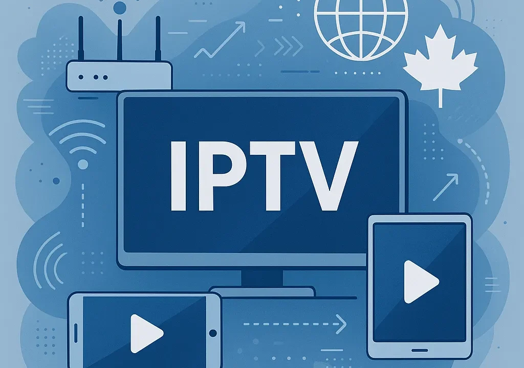 A high-tech digital illustration showing MaxIPTV streaming data connecting a primary Smart TV to multiple smartphones and tablets, illustrating multi-device compatibility in Canada.