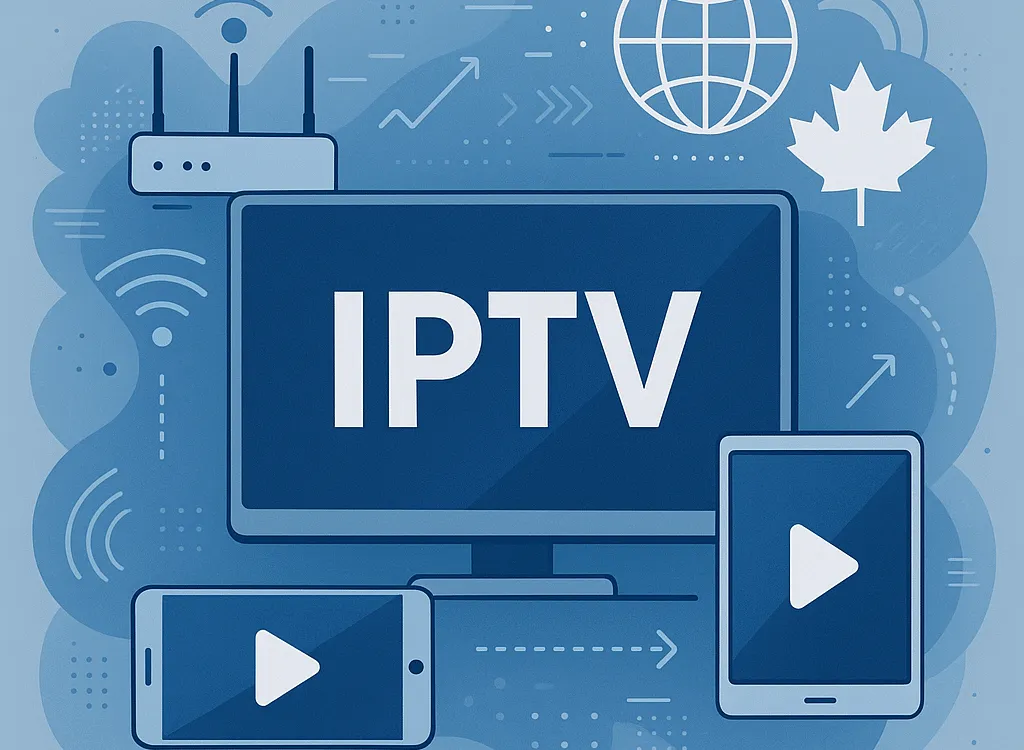 A high-tech digital illustration showing MaxIPTV streaming data connecting a primary Smart TV to multiple smartphones and tablets, illustrating multi-device compatibility in Canada.