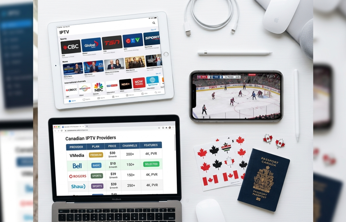 Smart TV showing IPTV Canada channel guide in a modern Canadian living room