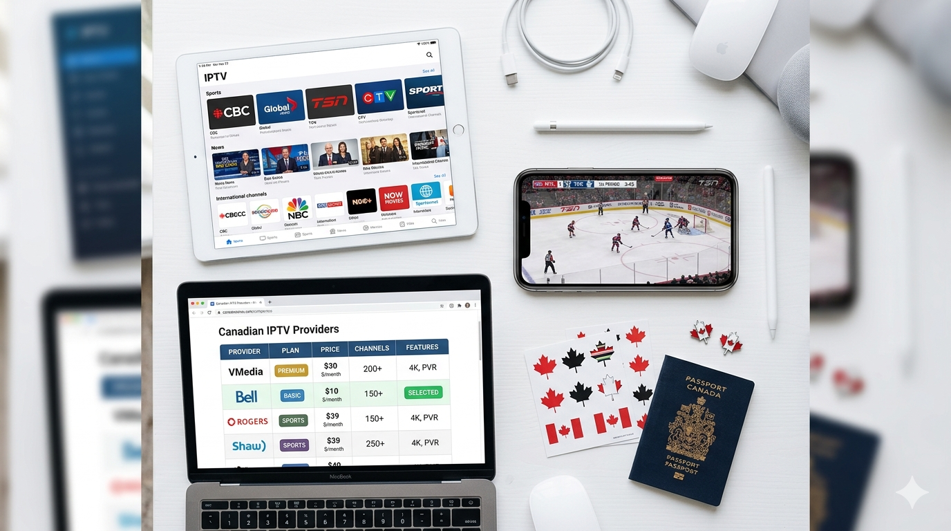 Smart TV showing IPTV Canada channel guide in a modern Canadian living room