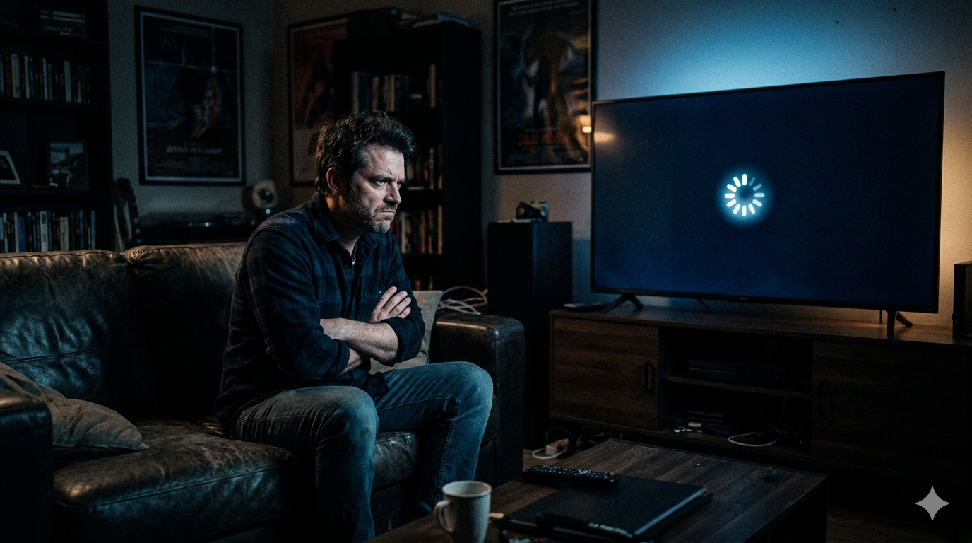 Frustrated viewer staring at a buffering screen — stop IPTV Canada buffering with MAXIPTV