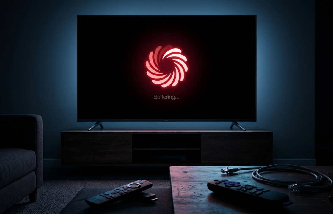 Buffering screen on a TV in a dark room — why IPTV buffers in Canada and how to fix it with MAXIPTV