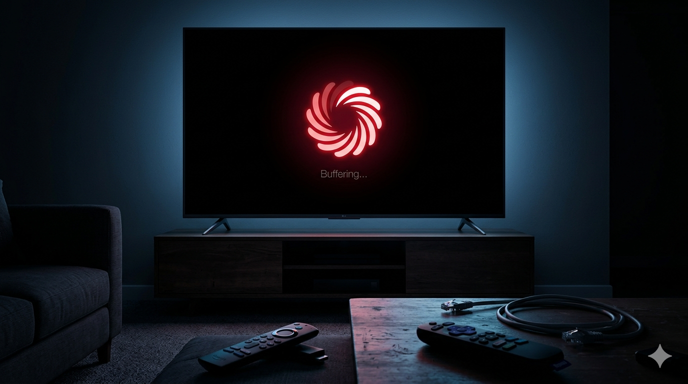 Buffering screen on a TV in a dark room — why IPTV buffers in Canada and how to fix it with MAXIPTV