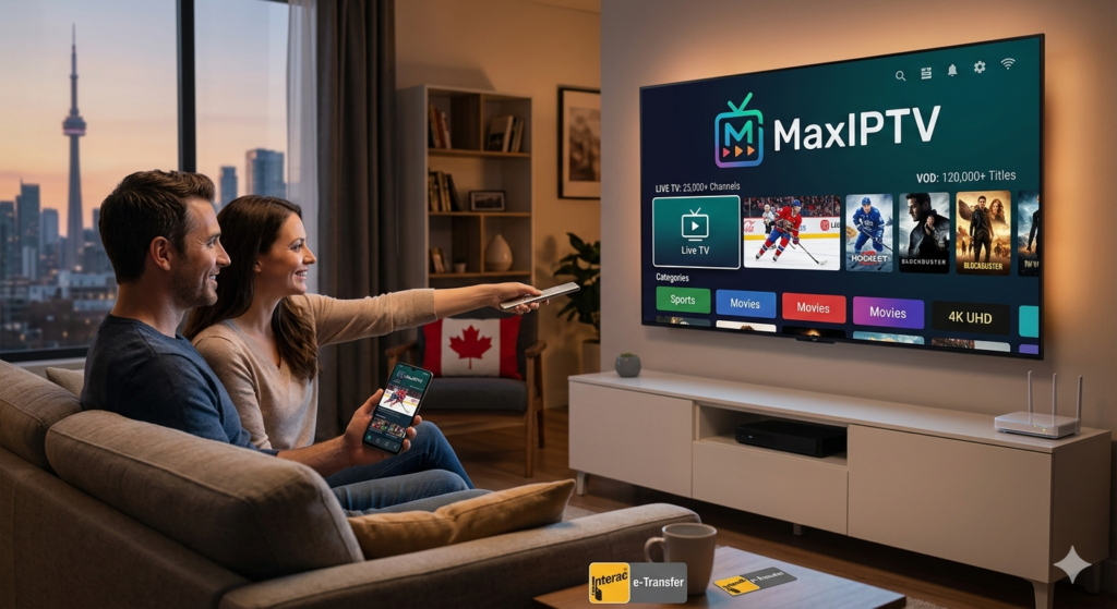 A Canadian couple watching 4K live sports and movies on MaxIPTV using a Smart TV in a modern living room with a Toronto skyline view.