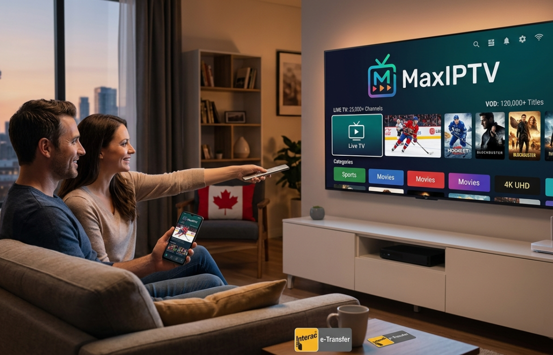 A Canadian couple watching 4K live sports and movies on MaxIPTV using a Smart TV in a modern living room with a Toronto skyline view.