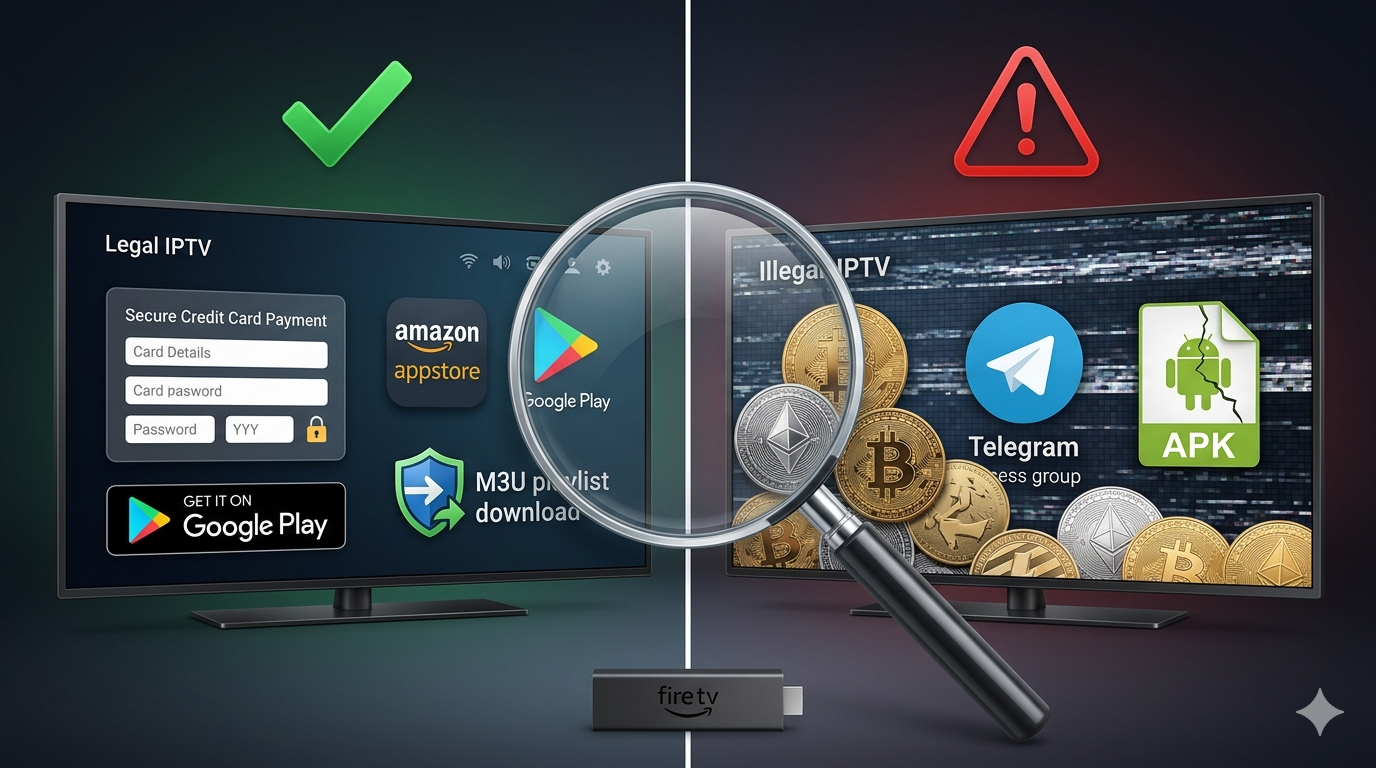 Legal vs illegal IPTV comparison: how to identify safe IPTV streaming sites with free trial, M3U playlist download, and premium IPTV providers for Firestick