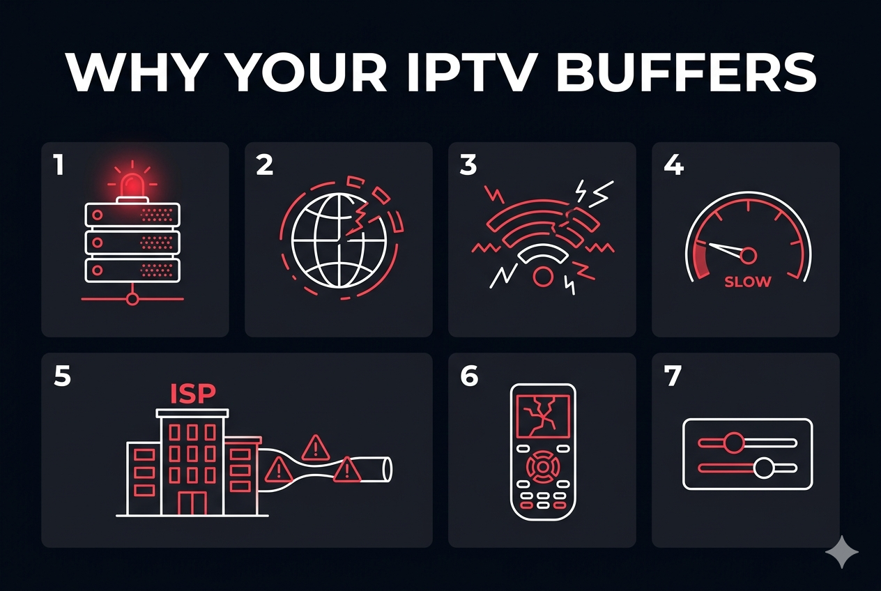 IPTV buffering causes infographic — MAXIPTV Canada anti-buffering technology diagram