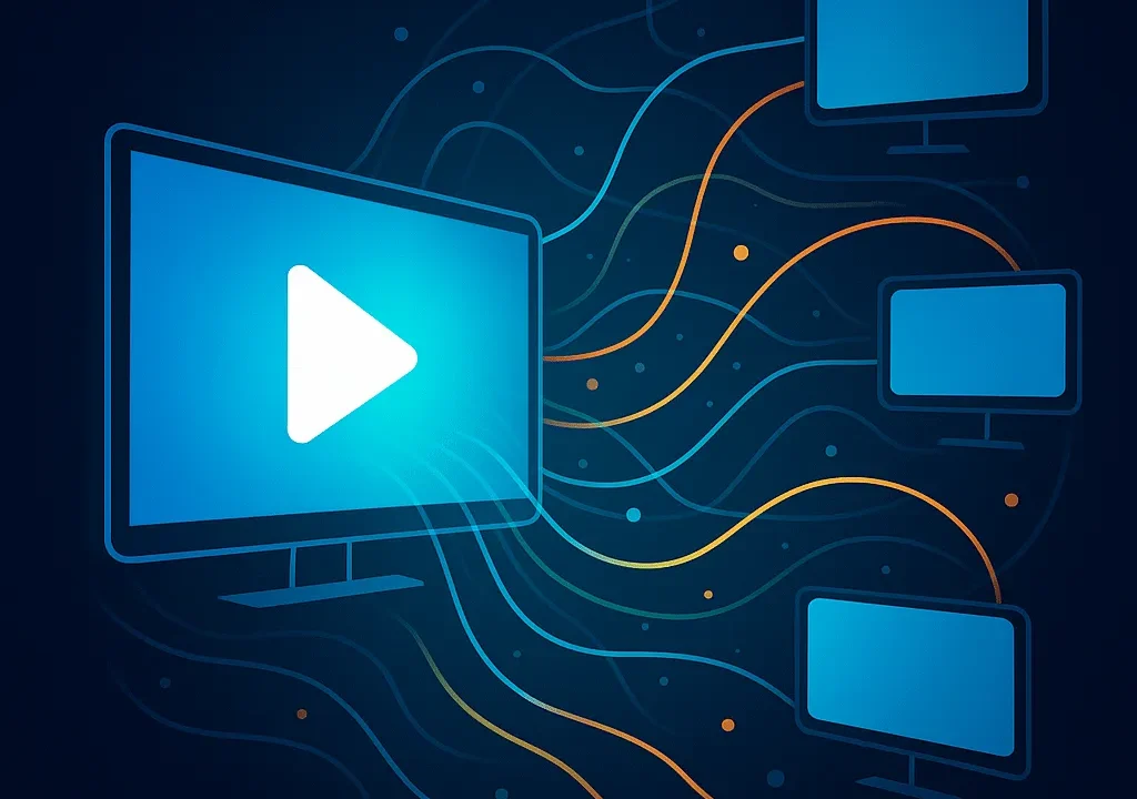 A conceptual digital illustration showing a primary screen distributing streaming video data through glowing network lines to multiple secondary devices, representing IPTV multi-device support.
