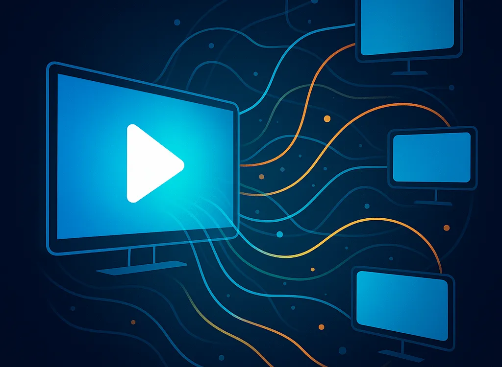 A conceptual digital illustration showing a primary screen distributing streaming video data through glowing network lines to multiple secondary devices, representing IPTV multi-device support.
