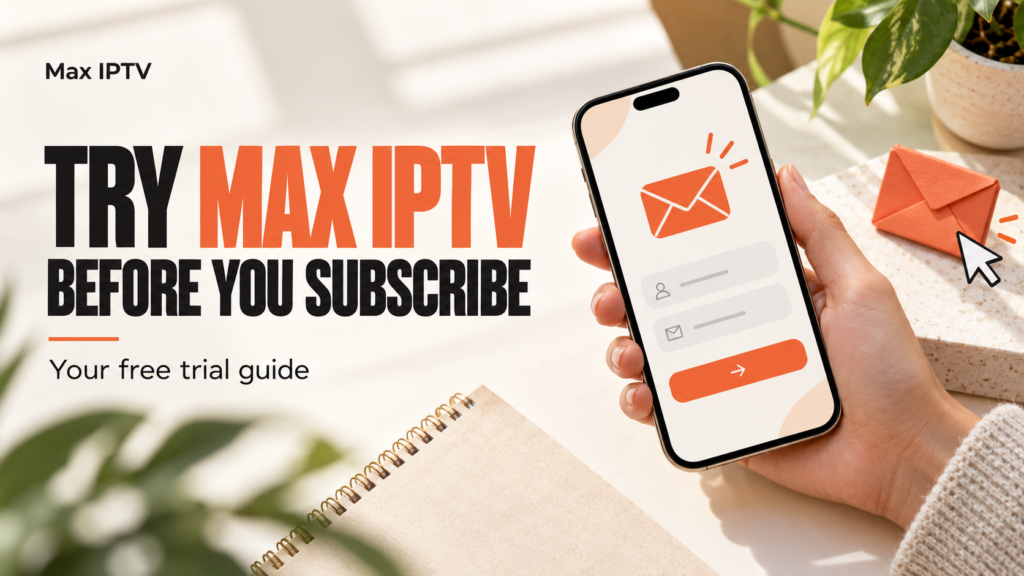 Hand holding a smartphone with an illustrated Max IPTV trial request form.