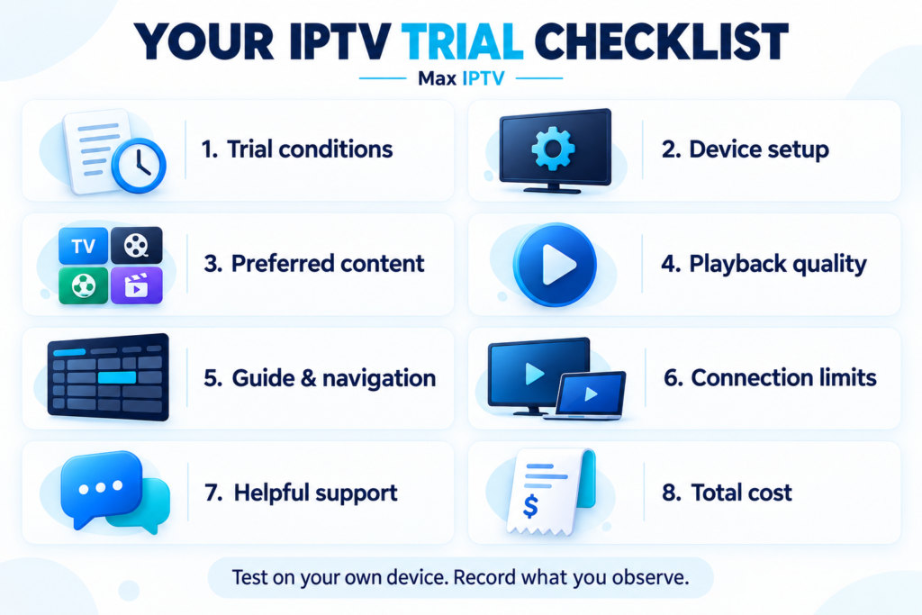 Eight-point IPTV trial checklist covering setup, content, playback, navigation, connections, support, and costs.